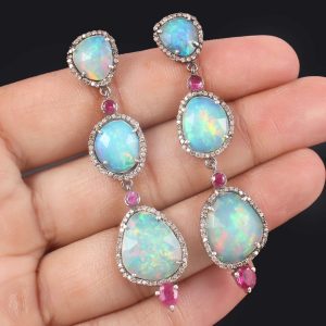 Natural Opal And Diamond 925 Silver Earring Jewelry 15