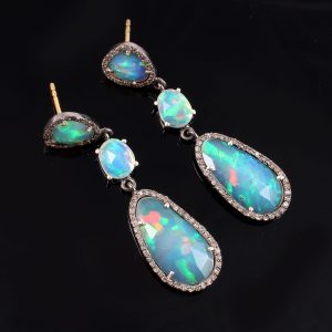 Natural Opal And Diamond Silver Earring Jewelry 13