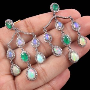 Natural Opal Emerald And Diamond Silver Earring Jewelry 7