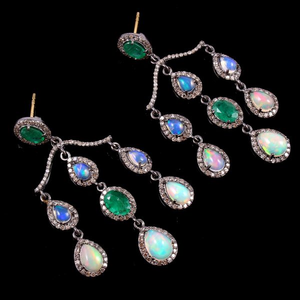 Natural Opal Emerald And Diamond Silver Earring Jewelry 7