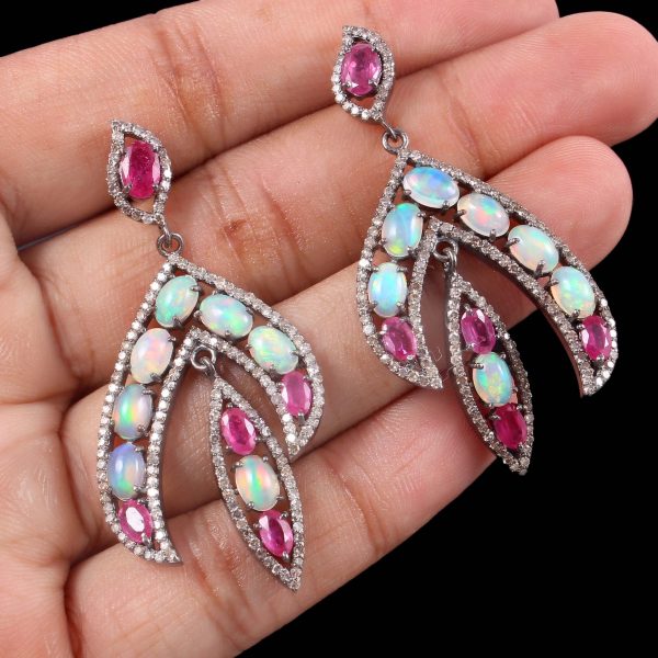 Natural Opal Ruby And Diamond Silver Earring Jewelry