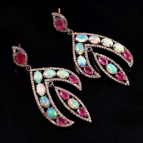 Natural Opal Ruby And Diamond Silver Earring Jewelry 4