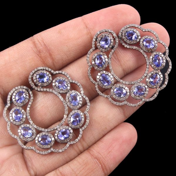 Natural Opal Tanzanite And Diamond Silver Earring Jewelry 6