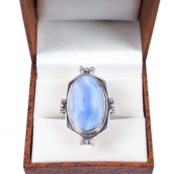 Natural Blue Lace Agte & Solid 925 Sterling Silver Gemstone Ring - R1038