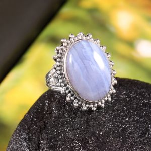 Natural Blue lace agte & Solid 925 Sterling Silver Gemstone Ring - R1299