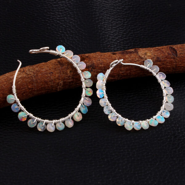 Natural Opal Gemstone Earring , Rondelle Silver Earring , Ethiopian opal E-52