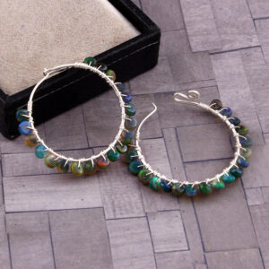 Natural Opal Gemstone Earring , Rondelle Silver Earring , Blue Earring E-55
