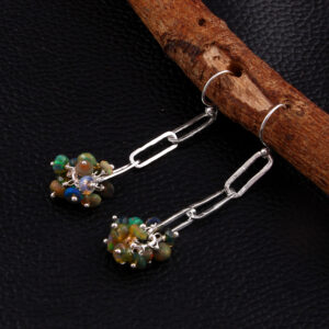 Natural Opal Gemstone Earring , Black Earring , Rondelle Silver Earring , Faceted Blue Earring E-80