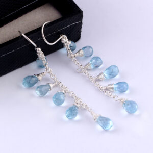 Natural Blue Gemstone Earring , Faceted Gemstone Earring , Ear Wire Earring , Teardrops Silver Earring , Best Gift E-104